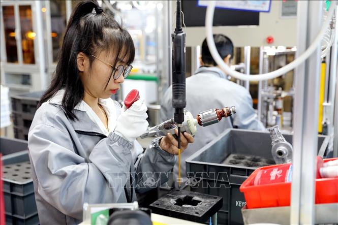 Công nhân sản xuất các sản phẩm dụng cụ điện cầm tay tại dự án Nhà máy Keystone Electrical Việt Nam (Khu Công nghiệp Liên Hà Thái), xã Thái Thụy, tỉnh Hưng Yên. Ảnh: Thế Duyệt – TTXVN