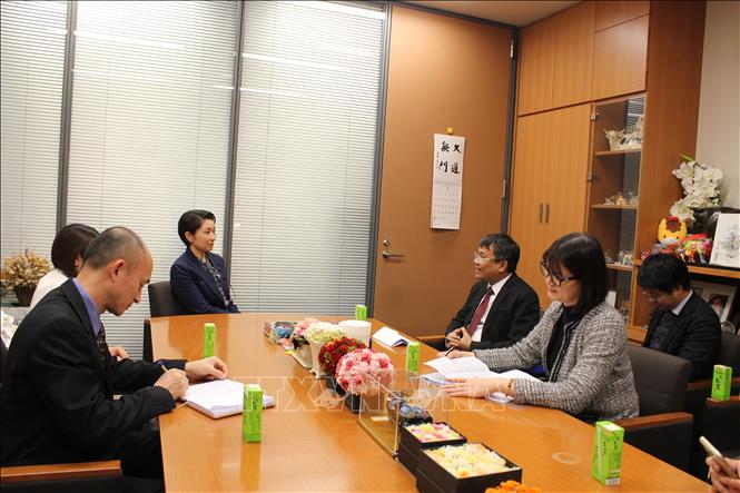 Thứ trưởng Thường trực Bộ Ngoại giao Nguyễn Minh Vũ làm việc với Chủ tịch Liên minh Nghị sĩ hữu nghị Nhật - Việt Obuchi Yuko. Ảnh: Phạm Tuân - PV TTXVN tại Nhật Bản