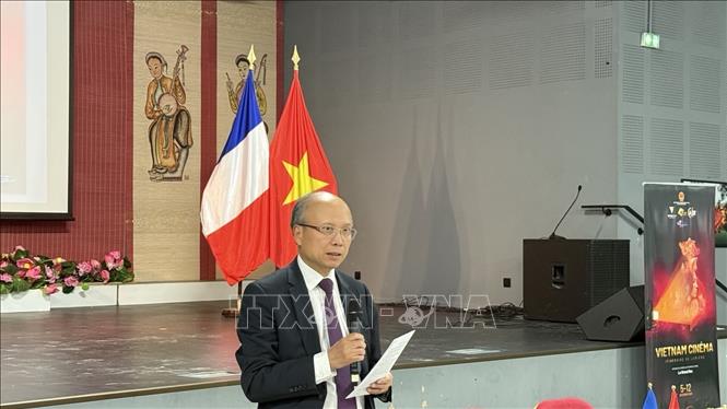 Đại sứ đặc mệnh toàn quyền Việt Nam tại Pháp Đinh Toàn Thắng phát biểu tại tọa đàm. Ảnh: Hữu Chiến - P/v TTXVN tại Pháp