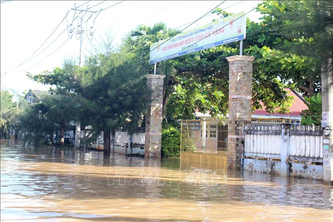 Cơ sở chế biến nước mắm ở khu phố Phú Hài 1, phường Phú Thủy, tỉnh Lâm Đồng bị ngập trong nước. Theo thống kê chưa đầy đủ, có khoảng 60 cơ sở sản xuất nước mắm bị ảnh hưởng do nước lũ dâng nhanh và đột ngột trong đêm. Ảnh: Hồng Hiếu - TTXVN