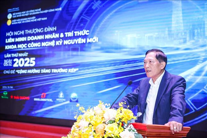Nguyên Thứ trưởng Bộ Khoa học và Công nghệ Trần Văn Tùng, Chủ tịch Hội Thông tin Khoa học và Công nghệ Việt Nam phát biểu. Ảnh: Hoàng Hiếu - TTXVN