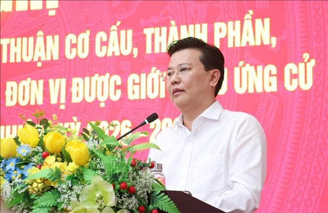 Ông Nguyễn Thanh Hải, Phó Bí thư Tỉnh ủy, Chủ tịch Ủy ban Mặt trận Tổ quốc Việt Nam tỉnh Tây Ninh phát biểu tại hội nghị. Ảnh: Bùi Giang - TTXVN