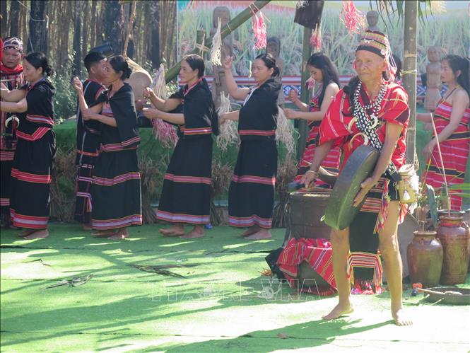 Các nghệ nhân Làng Du lịch cộng đồng Đăk Răng, xã Dục Nông, tỉnh Quảng Ngãi tái hiện Lễ mừng lúa mới của dân tộc Giẻ Triêng. Ảnh: Dư Toán - TTXVN