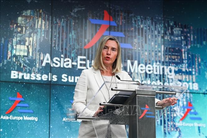 Bà Federica Mogherini, lúc là Cao uỷ EU phụ trách chính sách an ninh và đối ngoại, trong cuộc họp báo tại Hội nghị thượng đỉnh Á-Âu lần thứ 12 ở Brussels, Bỉ ngày 19/10/2018. Ảnh: THX/TTXVN