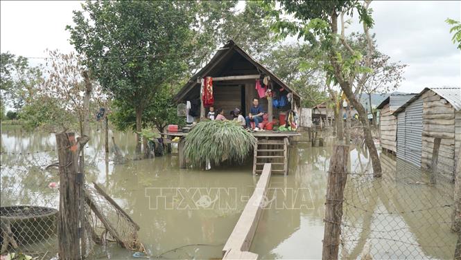 Buôn Nu, xã Uar (tỉnh Gia Lai) vẫn ngập sâu trong nước sau bão số 13. Ảnh: Hoài Nam - TTXVN