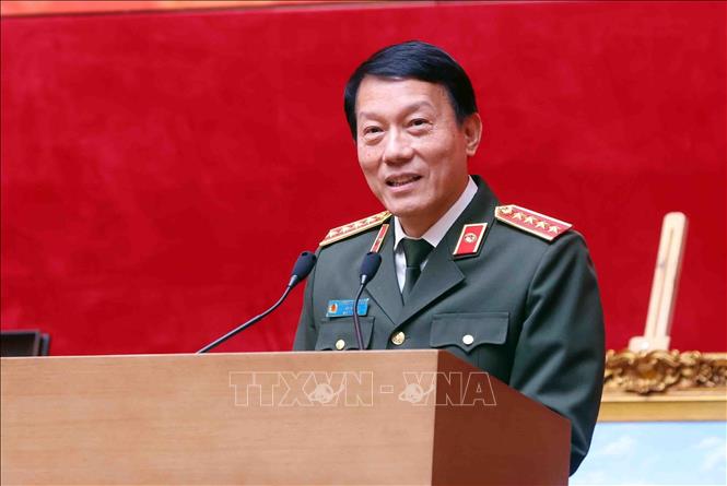 Đại tướng Lương Tam Quang, Uỷ viên Bộ Chính trị, Bí thư Đảng uỷ Công an Trung ương, Bộ trưởng Bộ Công an phát biểu. Ảnh: Phạm Kiên - TTXVN