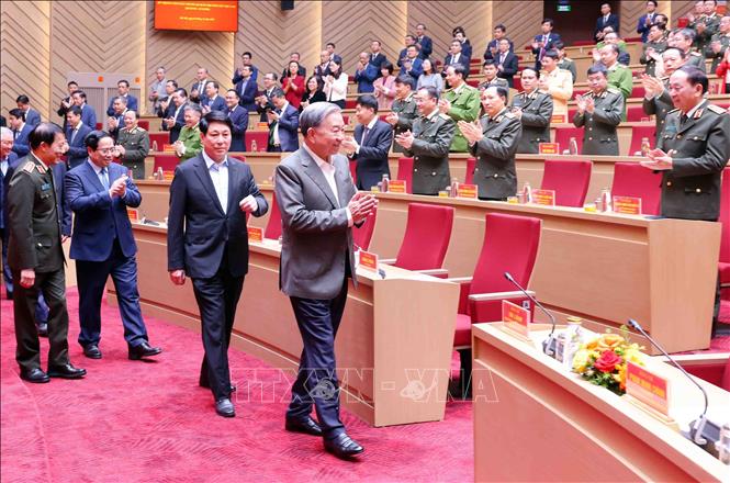 Tổng Bí thư Tô Lâm, Chủ tịch nước Lương Cường và Thủ tướng Phạm Minh Chính tới dự buổi lễ. Ảnh: Phạm Kiên - TTXVN