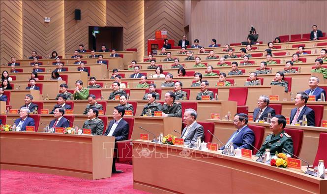 Tổng Bí thư Tô Lâm, Chủ tịch nước Lương Cường và Thủ tướng Phạm Minh Chính cùng các đại biểu tham dự buổi lễ. Ảnh: Phạm Kiên - TTXVN