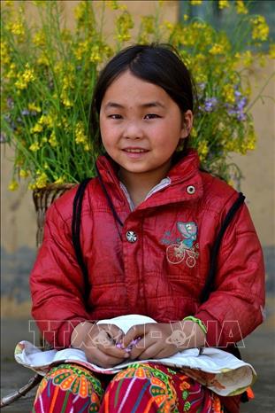 The innocent smile of a Mong girl in Lung Cam village, next to a basket of bright yellow mustard flowers in the highlands. VNA Photo: Minh Tâm