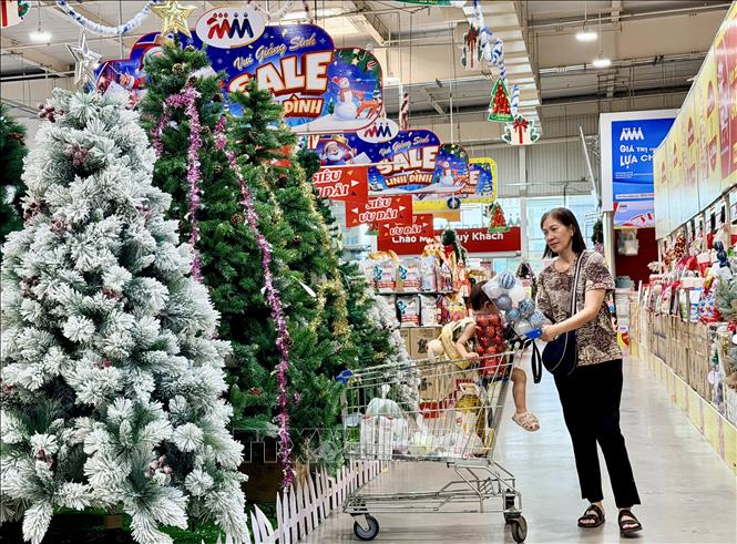  Cây thông Giáng sinh nhiều kích cỡ thu hút người dân mua sắm tại một trung tâm thương mại ở Long Xuyên. Ảnh: Thanh Sang – TTXVN