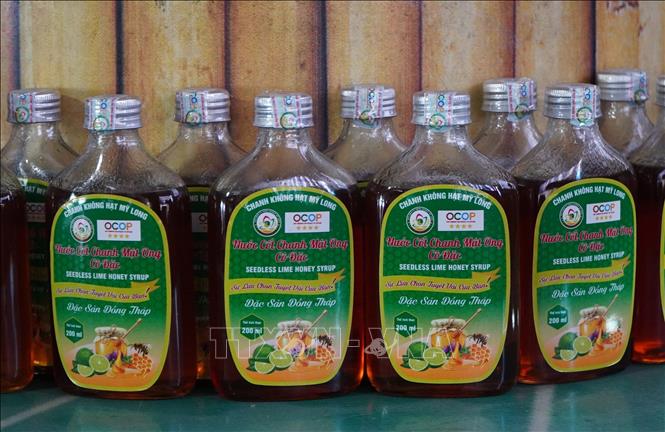 Sản phẩm nước cốt chanh mật ong chế biến từ quả chanh không hạt Mỹ Long đã đạt chuẩn OCOP 4 sao. Ảnh: Nhựt An - TTXVN
