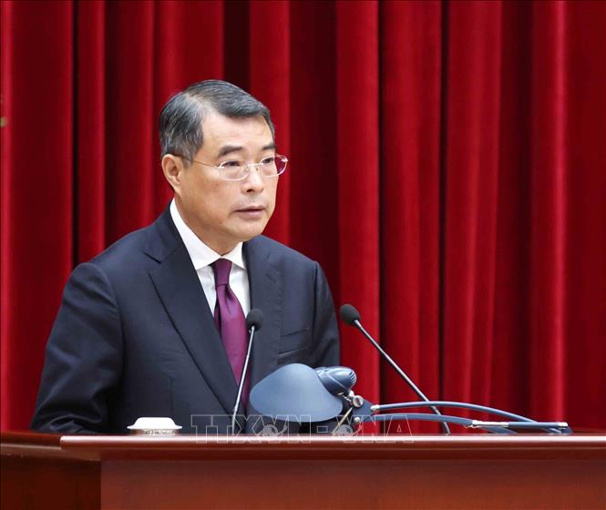 Đồng chí Lê Minh Hưng, Uỷ viên Bộ Chính trị, Bí thư Trung ương Đảng, Trưởng Ban Tổ chức Trung ương phát biểu tại hội nghị. Ảnh: Phương Hoa - TTXVN
