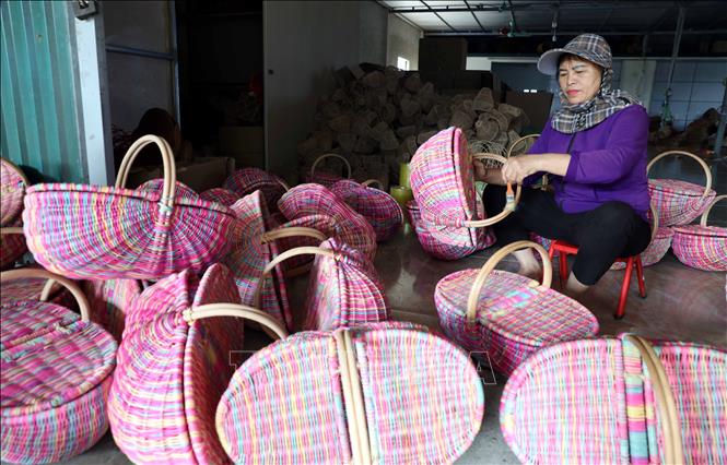 Hợp tác xã Mây tre đan Thanh Tân (xã Bình Nguyên, tỉnh Hưng Yên) của chị Nguyễn Thị Doan thu hút hàng trăm lao động trong và ngoài xã tham gia sản xuất. Ảnh: Thế Duyệt – TTXVN