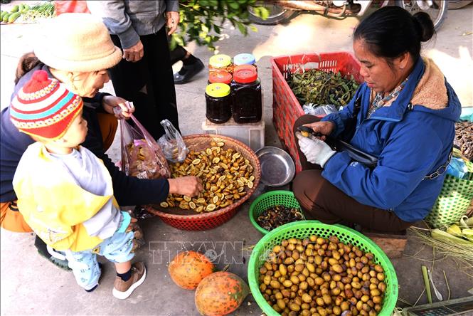 Trám - sản phẩm đặc trưng của địa phương được bán tại chợ Đình Vân. Ảnh: Việt Hùng-TTXVN

