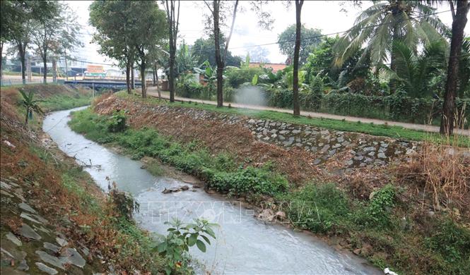 Dòng suối chảy qua phường Chơn Thành có màu trắng đục bất thường, cùng thời điểm người dân phản ánh mùi hôi trên địa bàn. Ảnh: Đậu Tất Thành – TTXVN