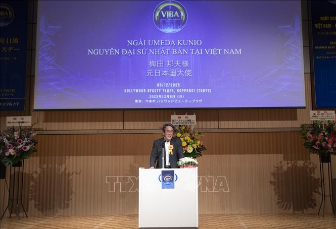 Ông Umeda Kunio, cựu Đại sứ Đặc mệnh toàn quyền Nhật Bản tại Việt Nam phát biểu tại sự kiện. Ảnh: Phạm Tuân - PV TTXVN tại Nhật Bản