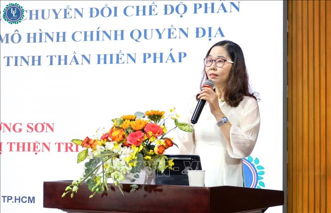 Tiến sĩ Nguyễn Thị Thiện Trí, Trường Đại học Luật Thành phố Hồ Chí Minh phát biểu tại hội thảo. Ảnh: Thanh Vũ-TTXVN