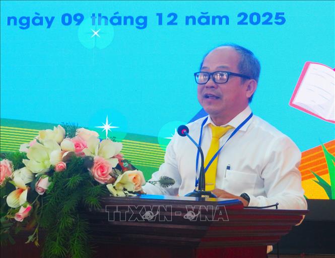 Ông Lê Thanh Bình, Giám đốc Thư viện thành phố (Sở Văn hóa, Thể thao và Du lịch) phát biểu tại Hội nghị. Ảnh: Ánh Tuyết - TTXVN