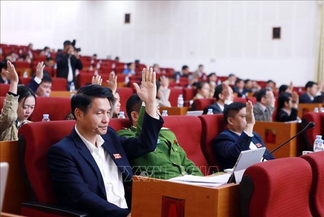 Các đại biểu biểu quyết thông qua các nghị quyết tại kỳ họp. Ảnh: Quý Trung – TTXVN