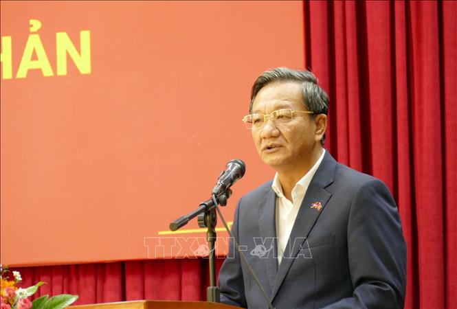 Bí thư Đảng ủy, Đại sứ Việt Nam tại Lào Nguyễn Minh Tâm phát biểu tại sự kiện. Ảnh: Xuân Tú - PV TTXVN tại Lào