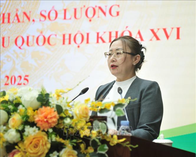 Đồng chí Giàng Thị Dung, Phó Bí thư Tỉnh ủy, Chủ tịch Ủy ban MTTQ Việt Nam tỉnh phát biểu tại hội nghị. Ảnh: Tuấn Khôi - TTXVN