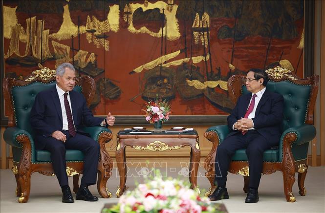 Thủ tướng Phạm Minh Chính tiếp Đại tướng Sergei Shoigu, Thư ký Hội đồng An ninh Liên bang Nga. Ảnh: Dương Giang-TTXVN