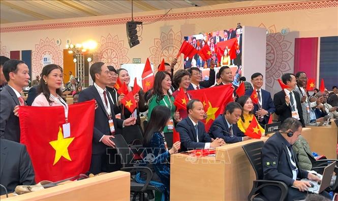 Thứ trưởng Bộ Văn hóa, Thể thao và Du lịch, Phó Chủ tịch Ủy ban Quốc gia UNESCO Việt Nam Hoàng Đạo Cương phát biểu tại Kỳ họp lần thứ 20 Ủy ban Liên chính phủ Công ước 2003 về bảo vệ di sản văn hóa phi vật thể của UNESCO.  Ảnh: Ngọc Thúy - P/v TTXVN tại New Delhi