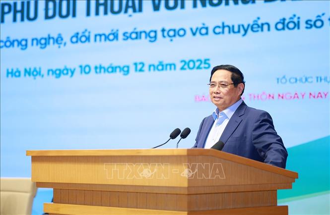 Thủ tướng Phạm Minh Chính phát biểu tại Hội nghị Thủ tướng Chính phủ đối thoại với nông dân năm 2025. Ảnh: Dương Giang-TTXVN 
