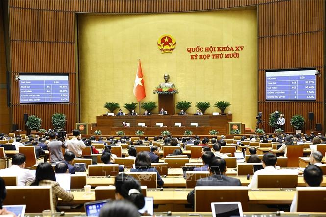 Quốc hội biểu quyết thông qua Nghị quyết về kết quả giám sát chuyên đề “Việc thực hiện chính sách, pháp luật về bảo vệ môi trường kể từ khi Luật Bảo vệ môi trường năm 2020 có hiệu lực thi hành”. Ảnh: Doãn Tấn - TTXVN