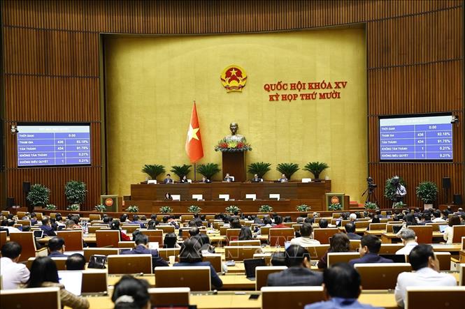 Quốc hội biểu quyết thông qua Luật sửa đổi, bổ sung một số điều của Luật Công nghiệp quốc phòng, an ninh và động viên công nghiệp. Ảnh: Doãn Tấn - TTXVN