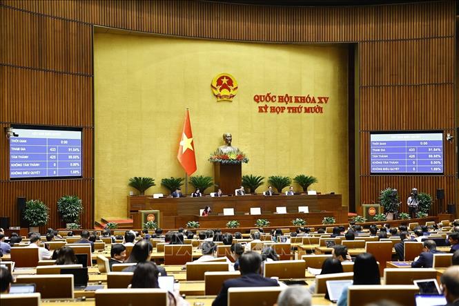 Quốc hội biểu quyết thông qua Luật sửa đổi, bổ sung một số điều của 10 luật có liên quan đến an ninh, trật tự. Ảnh: Doãn Tấn - TTXVN