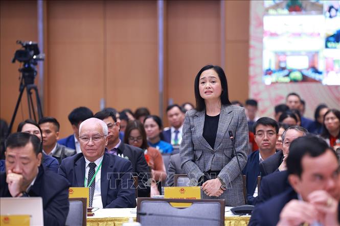 Đại diện doanh nghiệp sản xuất, kinh doanh sản phẩm nông nghiệp công nghệ cao phát biểu ý kiến. Ảnh: Dương Giang-TTXVN 
