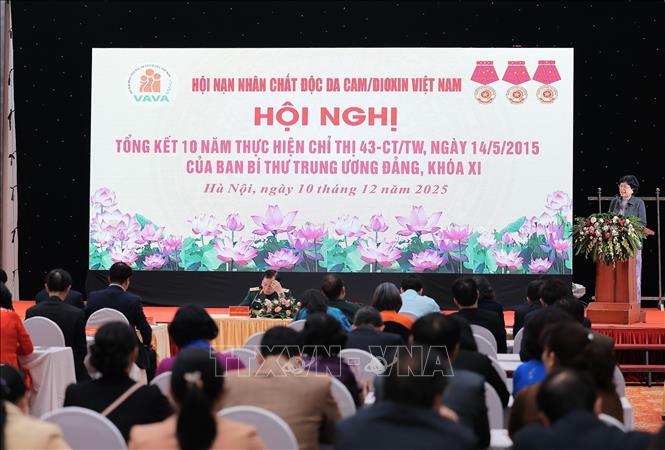 Bà Võ Thị Thanh Nga, Chủ tịch của Hội Nạn nhân chất độc da cam/dioxin thành phố Cần Thơ phát biểu tham luận tại Hội nghị. Ảnh: Lê Đông - TTXVN