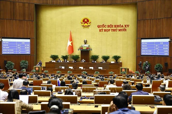 Quốc hội biểu quyết thông qua Nghị quyết của Quốc hội về một số cơ chế, chính sách đặc thù, vượt trội để thực hiện đột phá phát triển giáo dục và đào tạo. Ảnh: Doãn Tấn - TTXVN