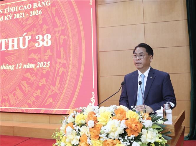 Bí thư Tỉnh uỷ Cao Bằng Phan Thăng An phát biểu. Ảnh: Chu Hiệu-TTXVN