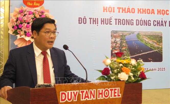 Phó Bí thư Thành uỷ, Chủ tịch Ủy ban MTTQ Việt Nam thành phố Huế Nguyễn Chí Tài phát biểu tại Hội thảo. Ảnh: Mai Trang- TTXVN 