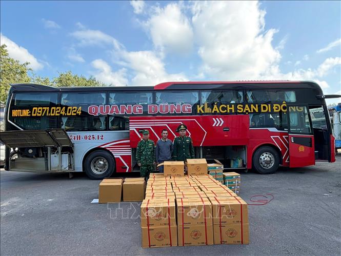 54 thùng thuốc bảo vệ thực vật bị Bộ đội Biên phòng bắt giữ tại xã Lao Bảo, tỉnh Quảng Trị. Ảnh: TTXVN phát