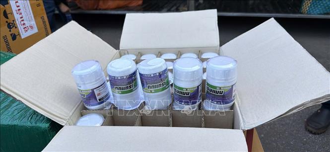 Thuốc bảo vệ thực vật không rõ nguồn gốc bị Bộ đội Biên phòng thu giữ tại xã Lao Bảo, tỉnh Quảng Trị. Ảnh: TTXVN phát