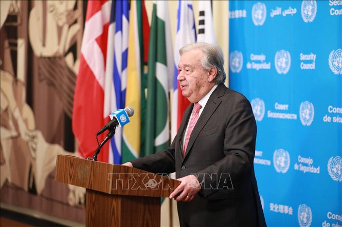 Tổng Thư ký LHQ Antonio Guterres phát biểu tại cuộc họp báo ở New York, Mỹ. Ảnh: THX/TTXVN