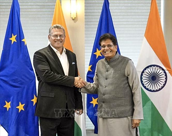 Bộ trưởng Thương mại Ấn Độ Piyush Goyal (phải) trong cuộc gặp Ủy viên Thương mại và An ninh Kinh tế Liên minh châu Âu (EU) Maros Sefcovic tại New Delhi, Ấn Độ ngày 8/12/2025. Ảnh: ANI/TTXVN 