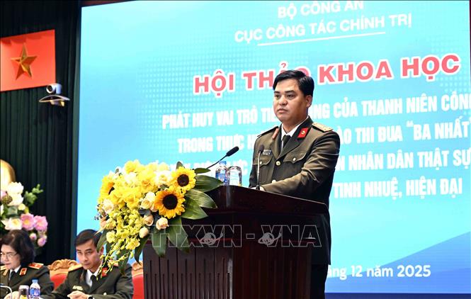 Thượng tá Đồng Đức Vũ, Trưởng ban thanh niên Công an nhân dân phát biểu. Ảnh: Phạm Kiên - TTXVN