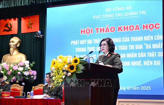 Thiếu tướng Ngô Hoài Thu, Phó Cục trưởng Cục Công tác Chính trị, Bộ Công an phát biểu. Ảnh: Phạm Kiên - TTXVN