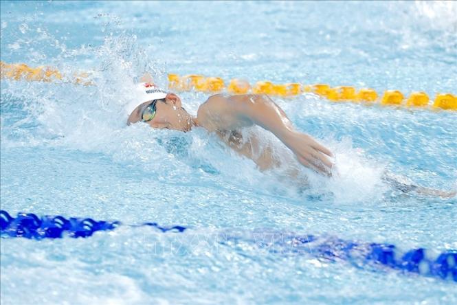 VĐV Trần Văn Nguyễn Quốc giành HCĐ nội dung 100m tự do nam. Ảnh: Minh Quyết - PV TTXVN tại Thái Lan