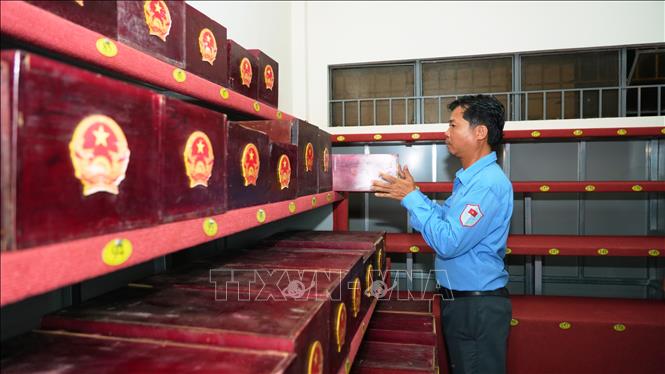 Hài cốt liệt sĩ được bảo quản tại Nghĩa trang liệt sĩ Đồi 82 (Tân Biên) chờ thực hiện nghi thức truy điệu, an táng. Ảnh: Minh Phú – TTXVN