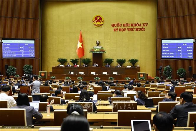 Quốc hội biểu quyết thông qua Nghị quyết về việc thực hiện một số nghị quyết của Quốc hội nhiệm kỳ khóa XIV và khóa XV về giám sát chuyên đề, chất vấn. Ảnh: Doãn Tấn - TTXVN