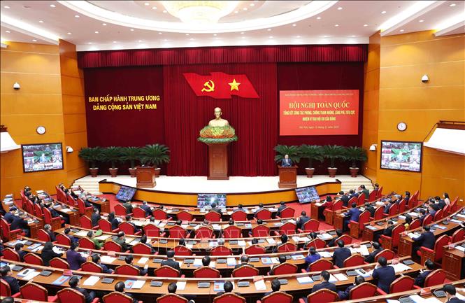 Hội nghị toàn quốc tổng kết công tác phòng chống tham nhũng, lãng phí, tiêu cực nhiệm kỳ Đại hội XIII của Đảng. Ảnh: Phương Hoa - TTXVN