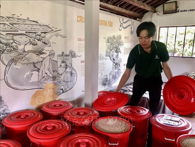 Đại diện Hợp tác xã Nông nghiệp bền vững Lạc Địa giới thiệu mô hình sản xuất rượu. Ảnh: Mỹ Phương – TTXVN