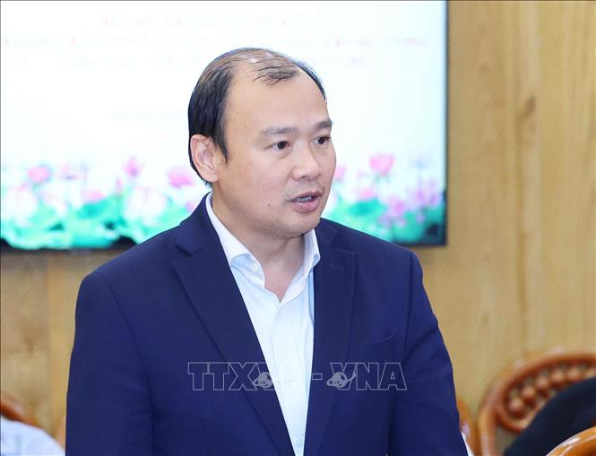 Đồng chí Lê Hải Bình, Uỷ viên Dự khuyết Trung ương Đảng, Thứ trưởng Thường trực Bộ Văn hoá, Thể thao và Du lịch phát biểu tại buổi làm việc. Ảnh: Phương Hoa - TTXVN