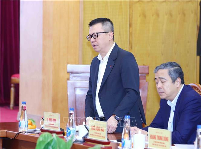 Đồng chí Lê Quốc Minh, Uỷ viên Trung ương Đảng, Tổng Biên tập Báo Nhân Dân, Chủ tịch Hội Nhà báo Việt Nam phát biểu tại buổi làm việc. Ảnh: Phương Hoa - TTXVN
