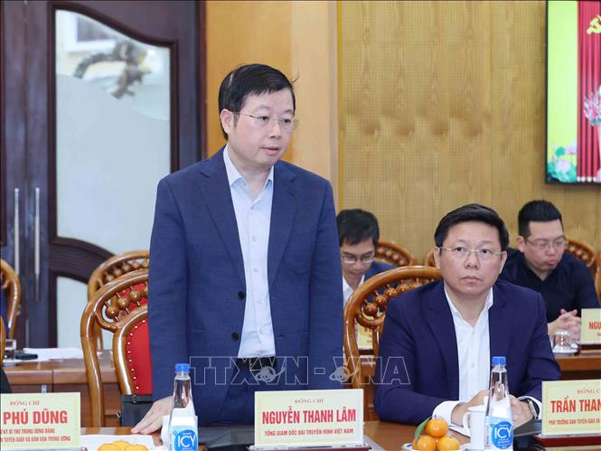 Đồng chí Nguyễn Thanh Lâm, Tổng Giám đốc Đài Truyền hình Việt Nam phát biểu tại buổi làm việc. Ảnh: Phương Hoa - TTXVN